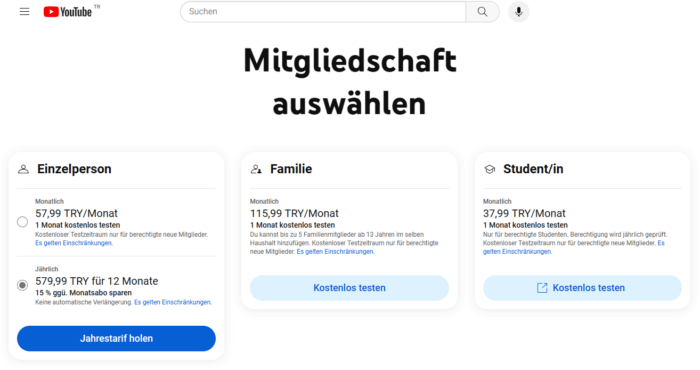 YouTube Premium Mitgliedschaft Türkei