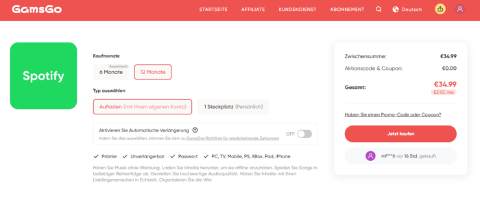 Spotify über Gamsgo günstiger