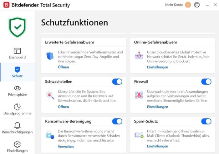 Bitdefender Total Security Schutzfunktionen