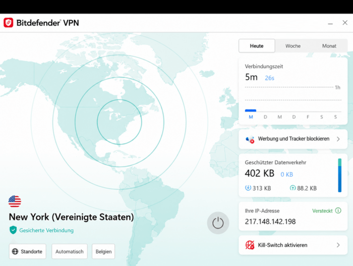 Bitdefender VPN Benutzeroberfläche