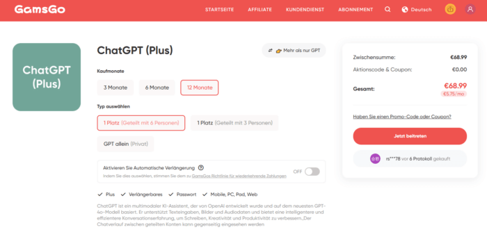 ChatGPT Plus über GamsGo