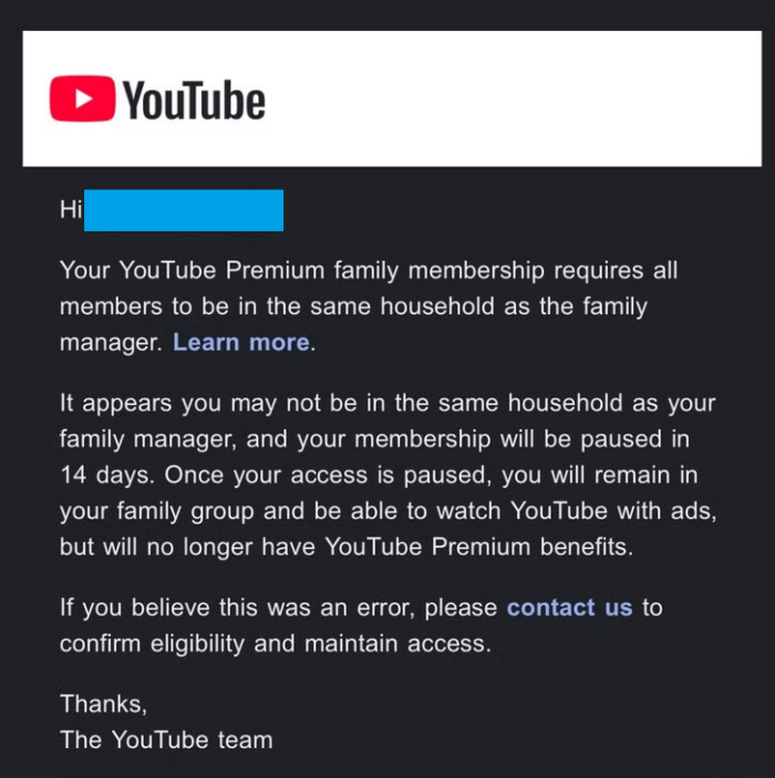 Your YouTube Premium family membership will be paused