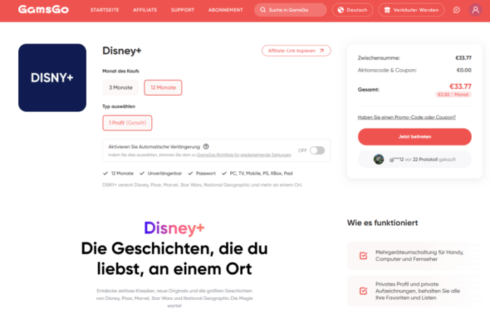 Disney+ über die Sharing-Plattform GamsGo
