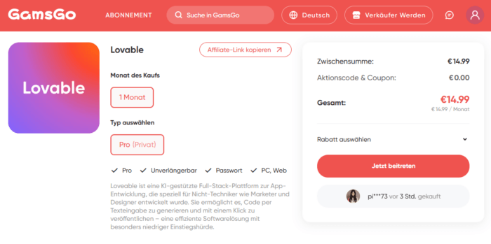 Angebot: Lovable Pro für 14,99 Euro/Monat