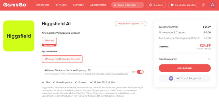 Seedance 2.0 mit higgsfield über GamsGo