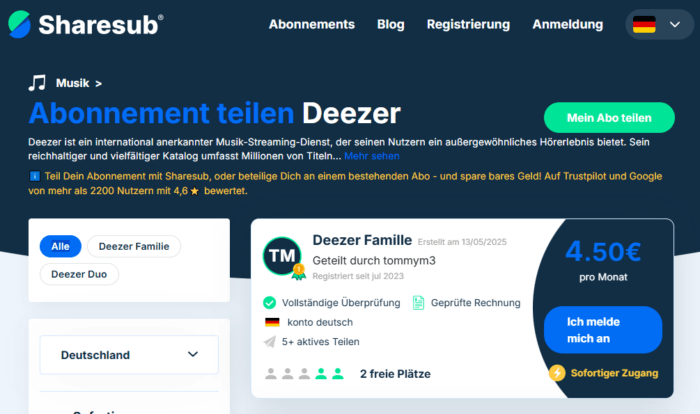 Deezer über Sharesub