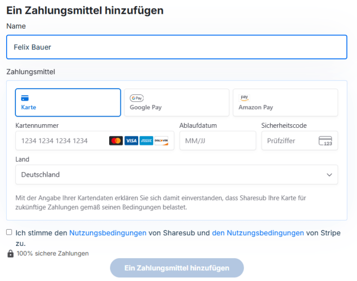 Zahlungsmittel bei Sharesub