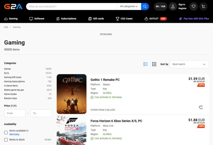 Spiele-Keys auf g2a