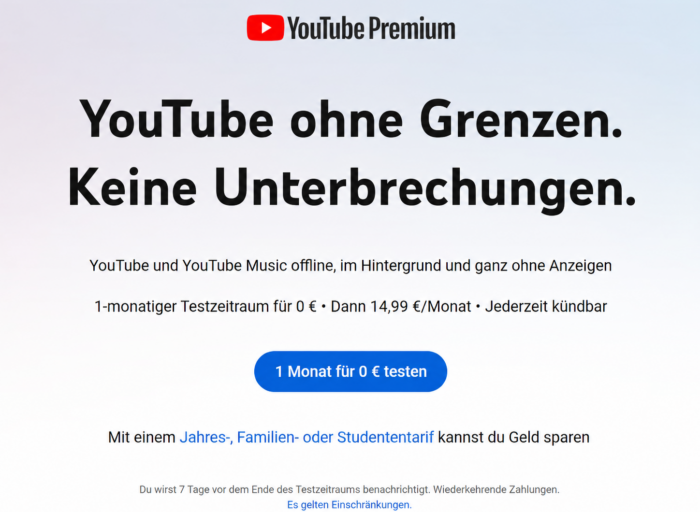 YouTube Premium kostenlos testen