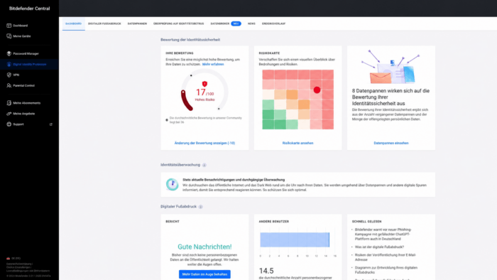 Dashboard von Bitdefender Digital Identity Protection