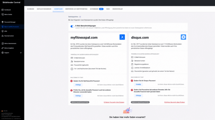 Bitdefender Datenpannen-Übersicht