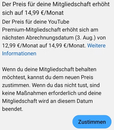 YouTube Premium Bestandskunden werden ebenfalls informiert