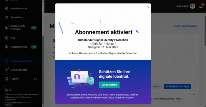Bitdefender Digital Identity Protection Abo aktiviert