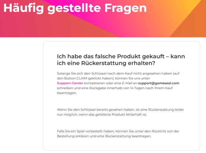 Gameseal Rückerstattung